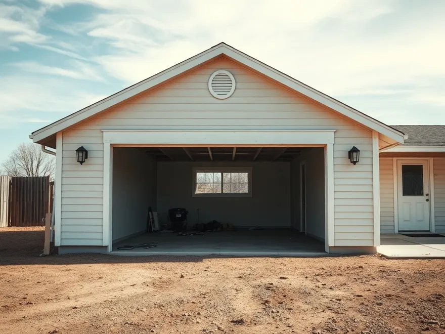 Wide garage door on an exposed house with open ground behind it