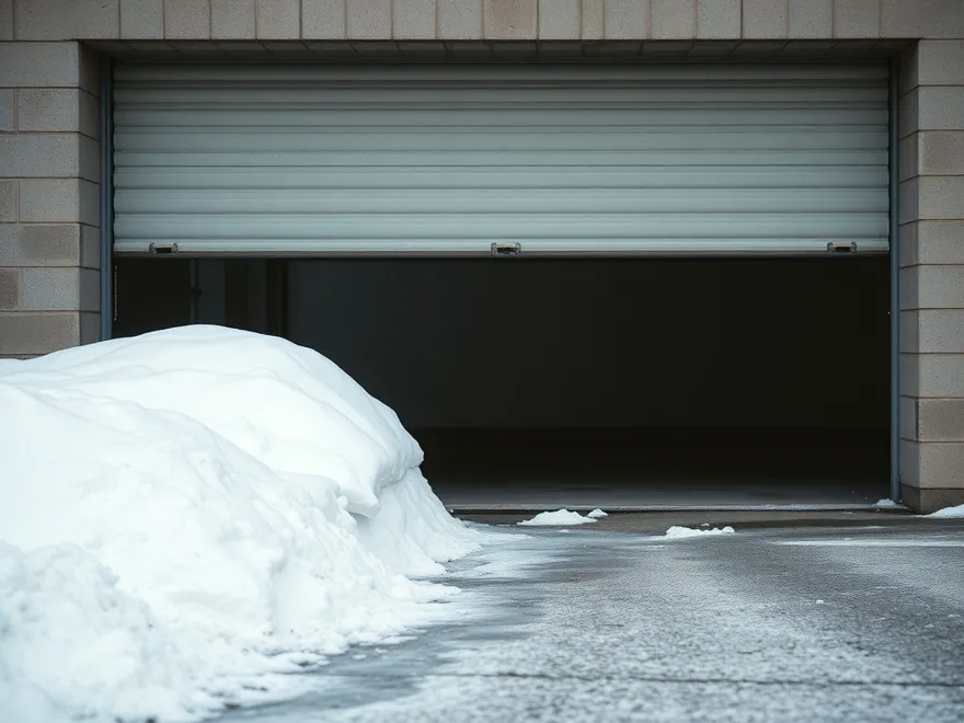 Snow drifted against the base of a garage door opening